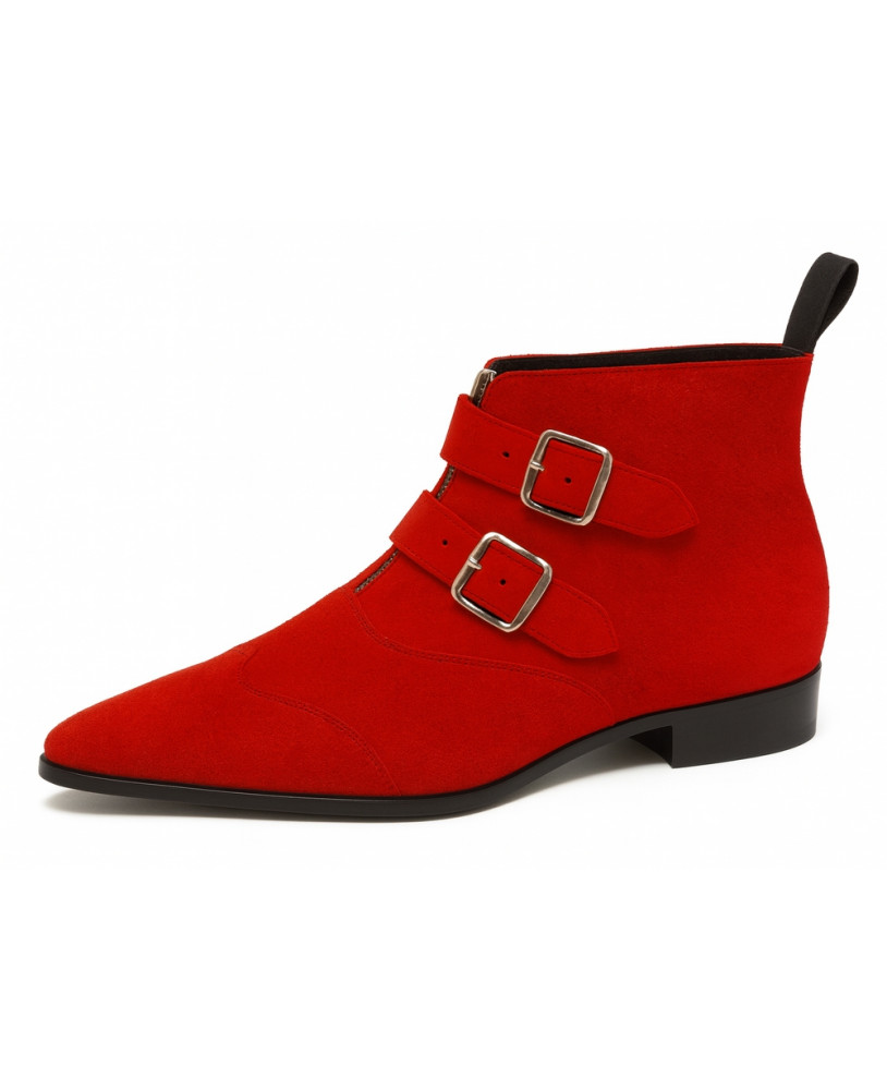 Botines con doble hebilla en ante rojo fuego Nevermind.