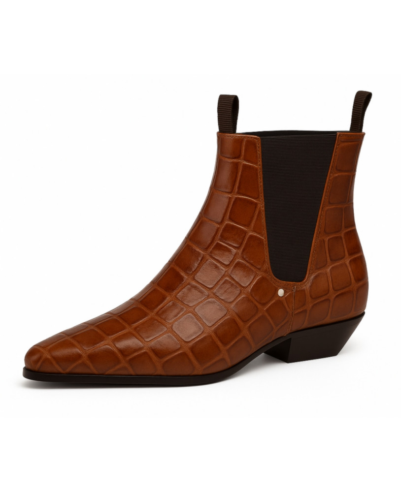 Bottines Chelsea cognac en cuir nappa embossé crocodile brillant – Nevermind.