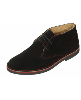 Nevermind desert boots in black suede leather, red stitching and fur lining.
