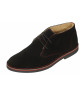 Nevermind desert boots in black suede leather, red stitching and fur lining.