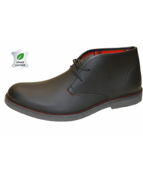 Desert boots Nevermind in pelle vegana nera, cuciture rosse e fodera scozzese.