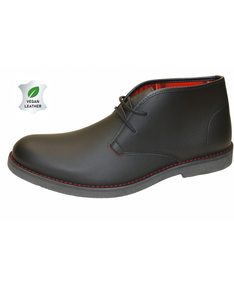 Nevermind desert boots in black vegan leather, red stitching and tartan lining.