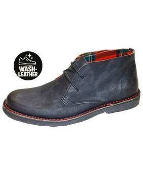 Nevermind desert boots in washable black leather, red stitching and tartan lining.