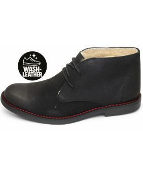 Nevermind desert boots in washable black suede, red stitching and faux-fur lining.