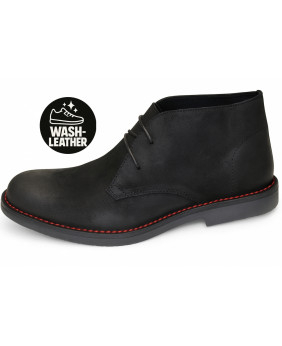 Nevermind desert boots in washable black suede with red contrast stitching.