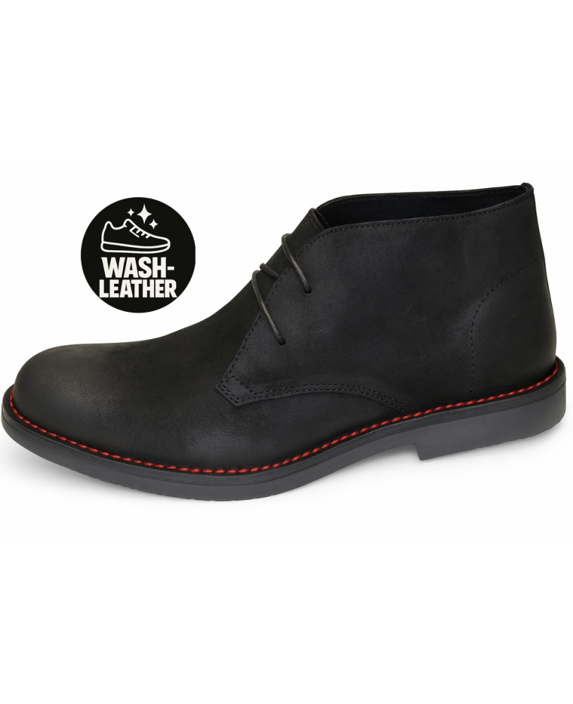 Botas Desert Nevermind en ante lavable negro con costuras rojas.