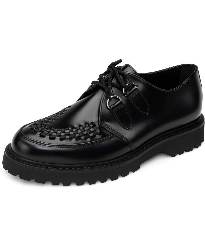 Nevermind black leather Derby shoes with woven vamp and lug sole.