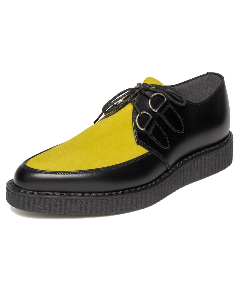 Nevermind pointed toe creepers in black leather and yellow suede with D-Ring lacing.