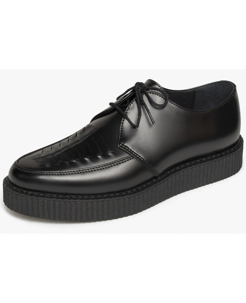 Nevermind pointed toe creepers in smooth black leather with classic lacing.