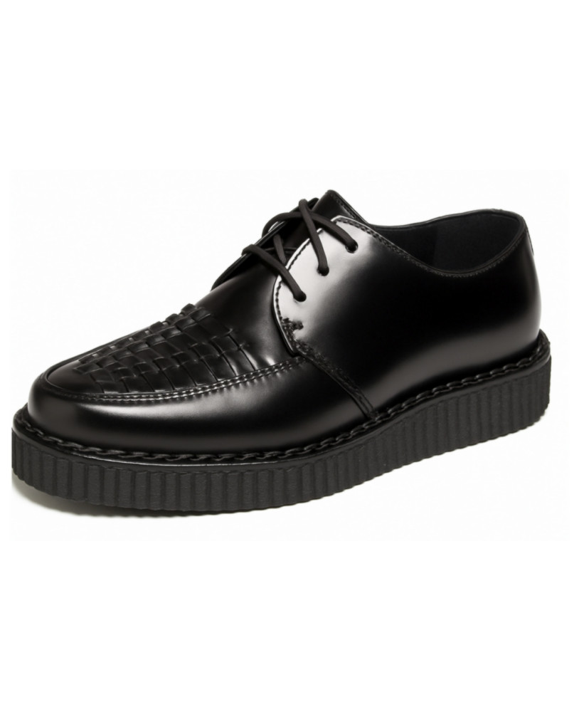 Nevermind pointed toe creepers in black woven leather with classic lacing.