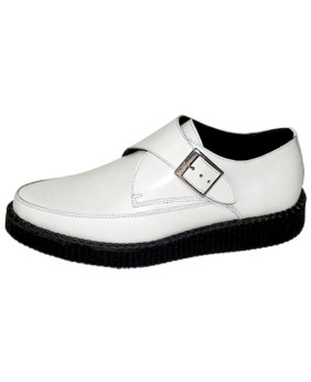 Creepers Nevermind à bout pointu en cuir blanc avec boucle métallique.