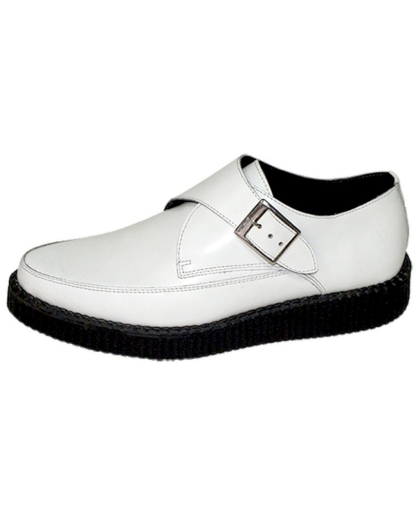 Nevermind pointed toe creepers in white leather with metal buckle.