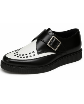 Nevermind pointed toe creepers in black and white leather with metal buckle.