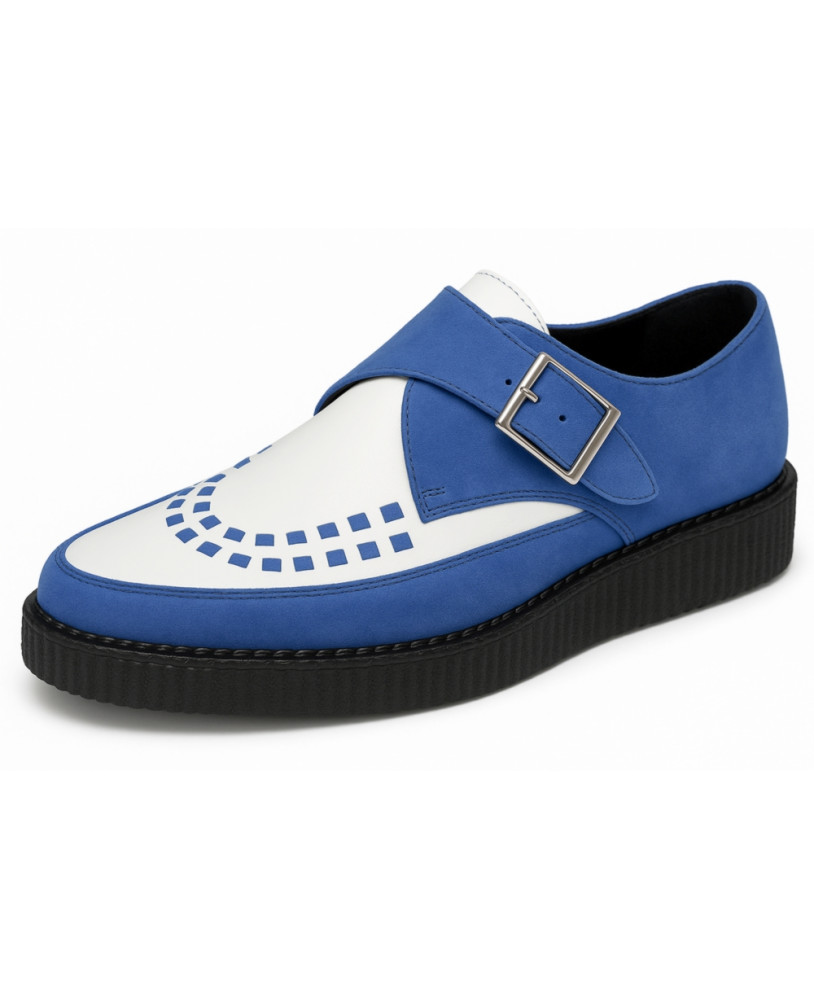 Nevermind pointed toe creepers in blue suede and white leather with metal buckle.