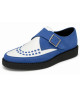 Nevermind pointed toe creepers in blue suede and white leather with metal buckle.