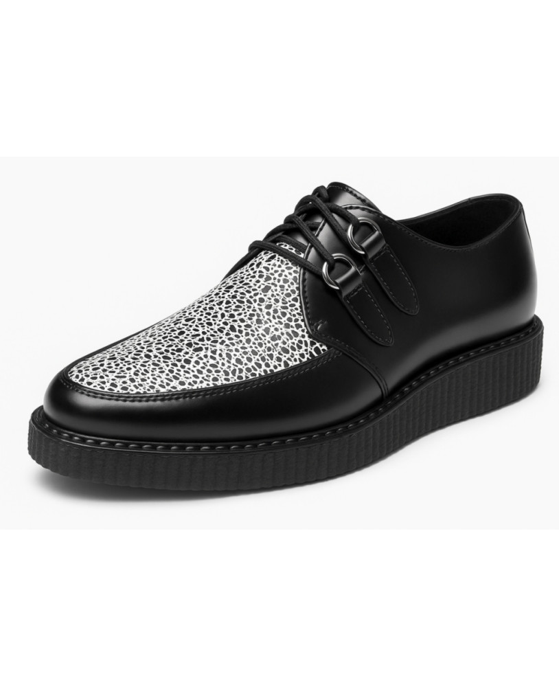 Nevermind pointed toe creepers in black leather with black and white animal print.
