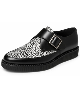 Nevermind pointed toe creepers in black leather with black and white animal print vamp, featuring metal buckle.