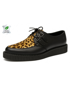 Creepers Nevermind à bout pointu en cuir vegan noir avec empeigne léopard.