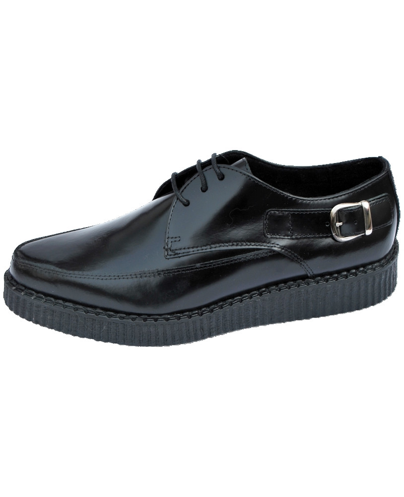Nevermind pointed toe creepers in shiny black leather with side buckle.