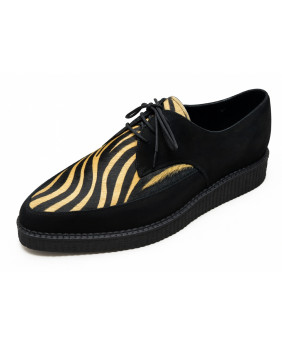 Creepers Nevermind à bout pointu en cuir suédé noir et fourrure bovine motif zèbre noir/camel.