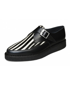 Nevermind pointed creepers in black leather with zebra-pattern bovine fur and silver buckle.