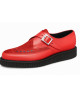 Nevermind pointed creepers in red leather with matching bovine fur and silver buckle.