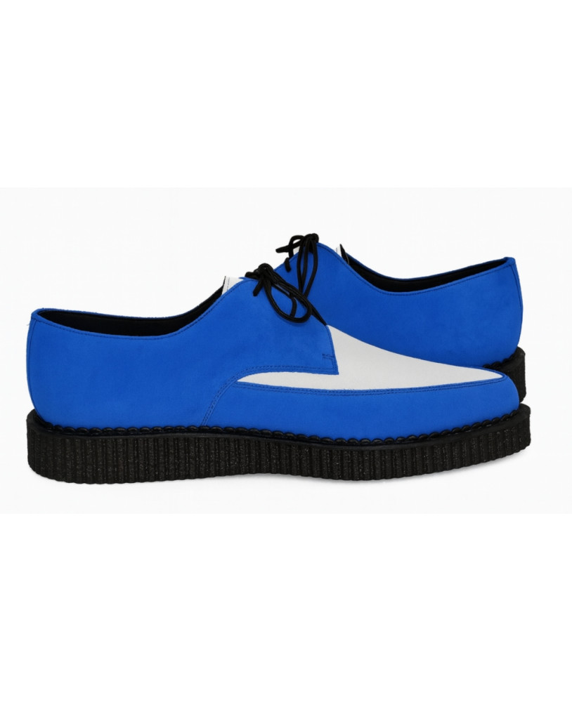Pointed lace-up creepers in blue and white suede by Nevermind, with flat sole 3 cm.