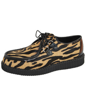 Nevermind single-sole creepers in black patent leather and tiger-print cowhide.