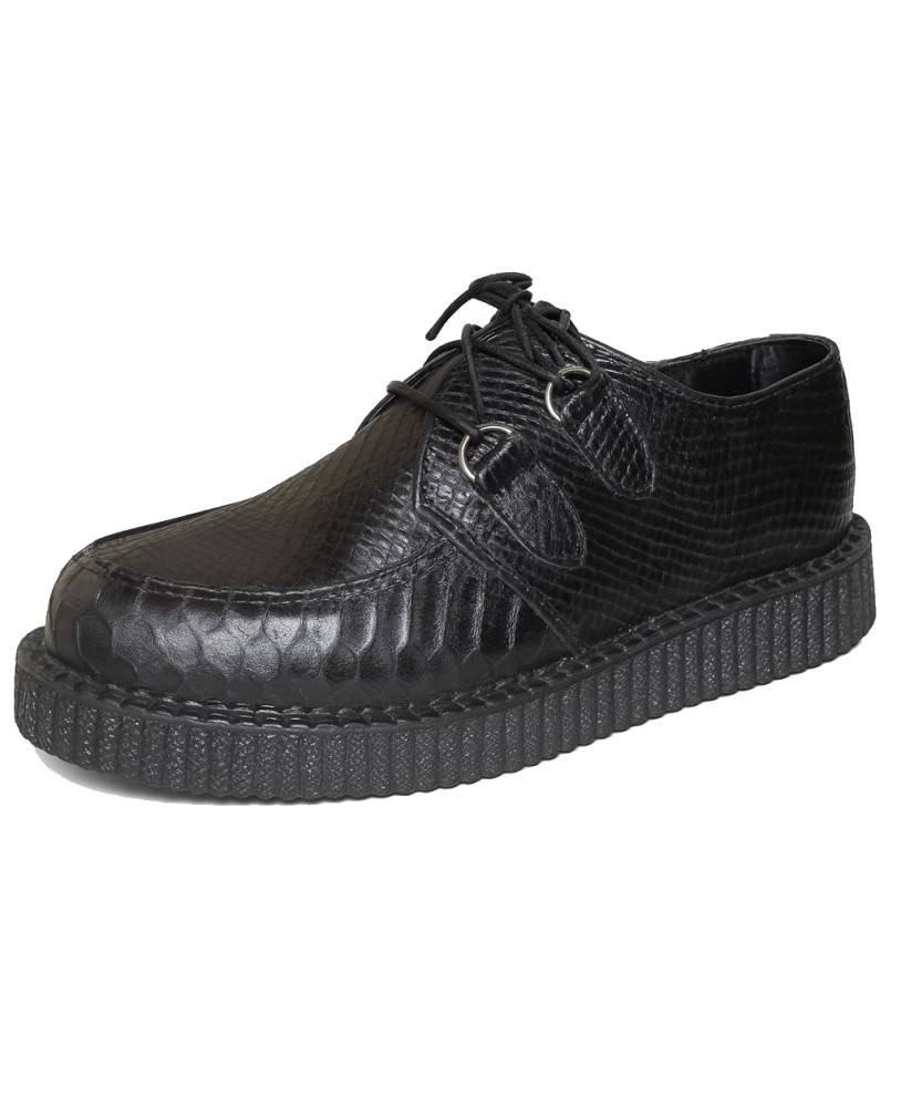 Creepers aus schwarzem Anaconda-Prägleder mit einfacher Sohle – alternativ, wild und ikonisch.