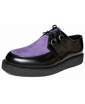 Creepers Nevermind semelle simple cuir noir lisse et fourrure bovine lilas – rebelles, élégantes, alternatives.