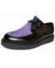 Nevermind single sole creepers in smooth black leather with lilac cowhide – rebellious, bold, iconic.