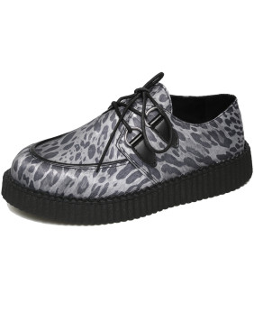 Creepers Nevermind à simple semelle en cuir noir et cuir imprimé léopard gris.