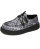 Nevermind single-sole creepers in black leather and grey leopard print leather.