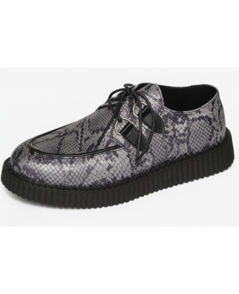 Nevermind single-sole creepers in black leather and grey python print leather.