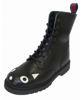 Nevermind – black leather 8-eye combat boots with cat motif