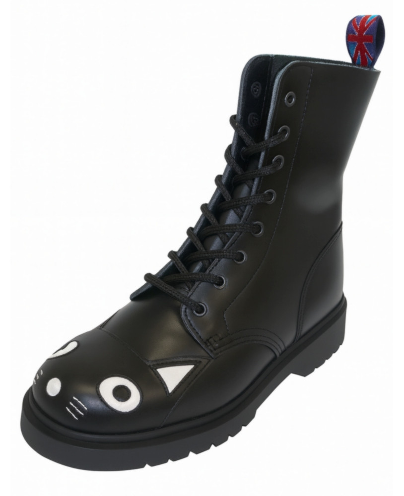 Nevermind – black leather 8-eye combat boots with cat motif