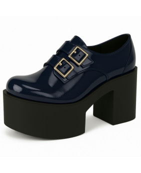 Chaussure plateforme bleue vernie Nevermind, style retro mod 70s