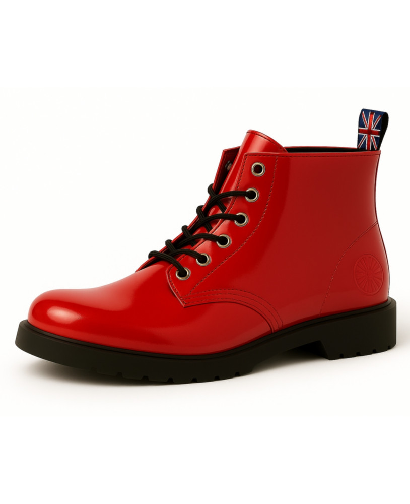 Red patent leather rangers, bold British punk spirit by Nevermind.