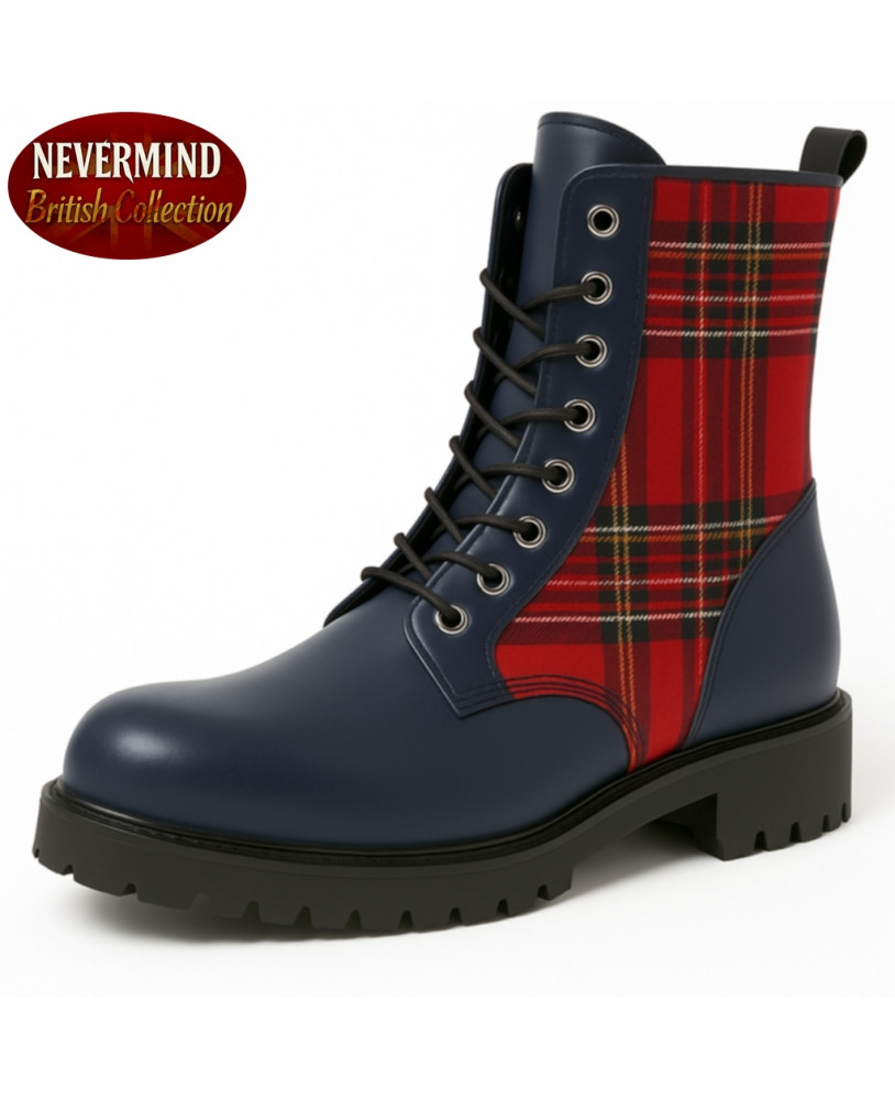 Rangers 08 occhielli Nevermind – pelle blu navy e tartan rosso, stile punk britannico