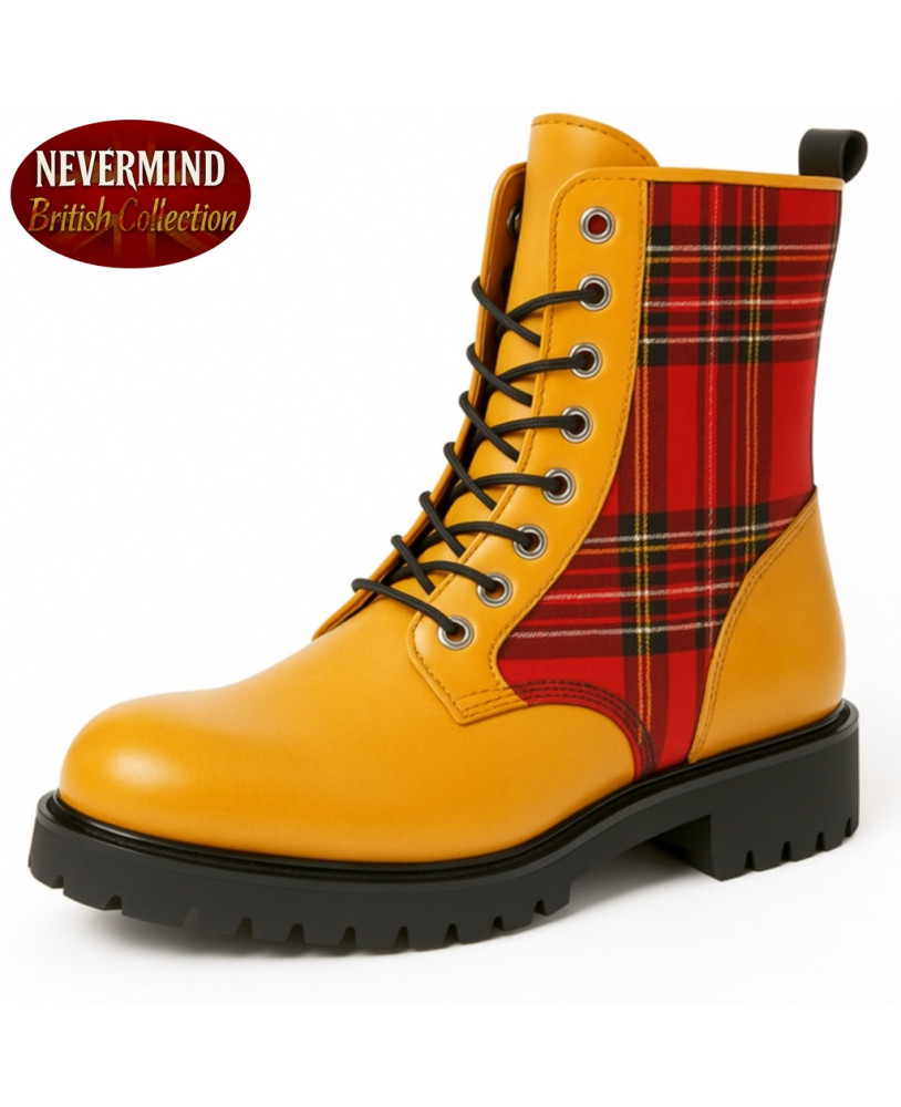 Anfibi 8 occhielli in pelle senape e tartan rosso