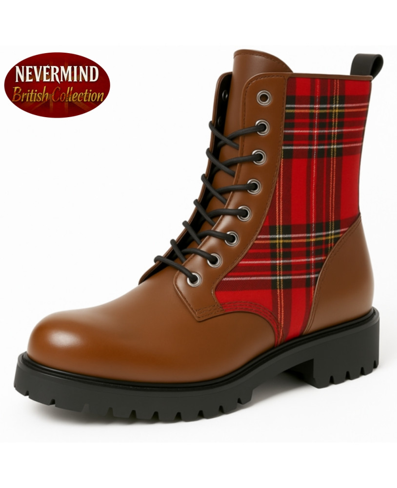 Rangers Nevermind – cuero camel vintage y tartán rojo, estilo explorador británico alternativo