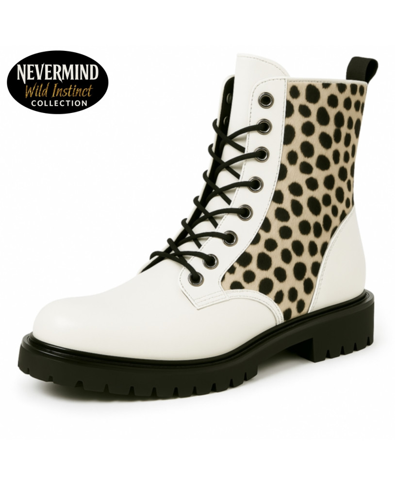 8-Loch-Rangers aus weißem Leder und Leopardenfell – Nevermind Wild Instinct