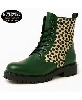 Anfibi 8 occhielli pelle verde e pelo bovino leopardato – Nevermind Wild Instinct