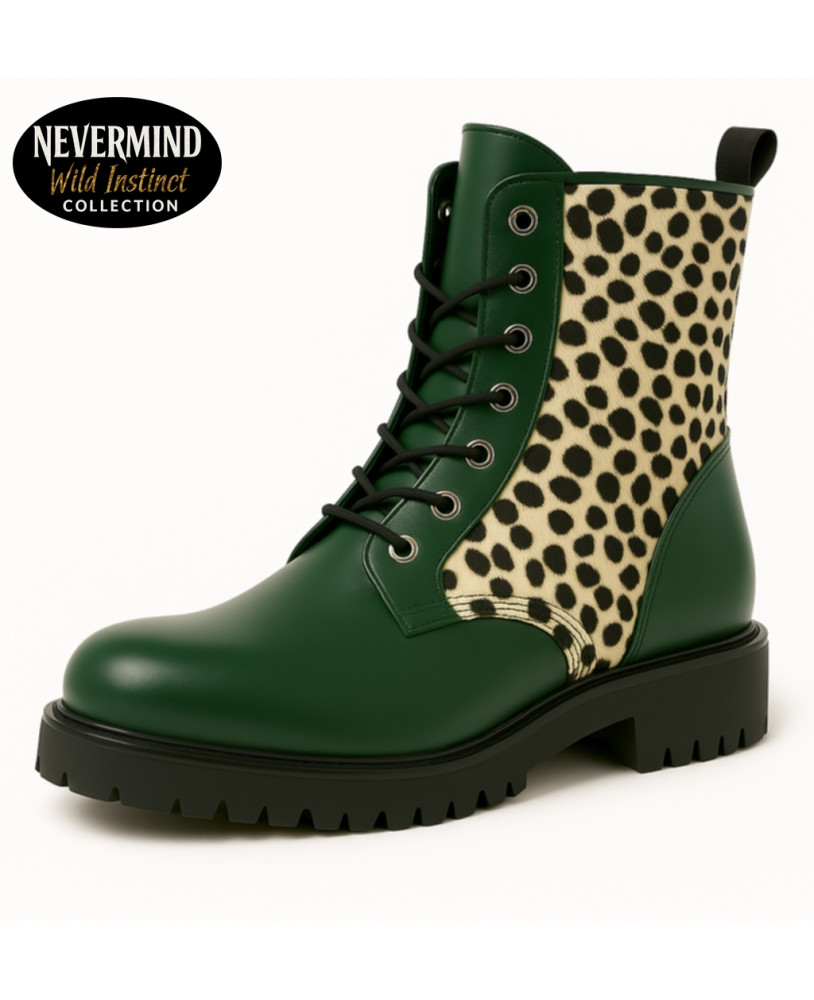 8-Loch-Rangers aus grünem Leder und Leopardenfell – Nevermind Wild Instinct