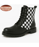 8-eye black leather rangers with checkered panel – Nevermind "REBEL PATTERNS" collection