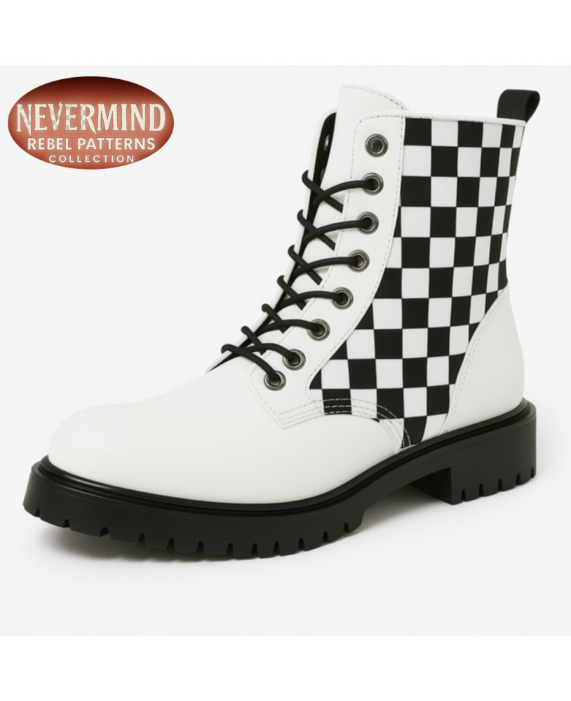 8-eye white leather rangers with checkered pattern – Nevermind "REBEL PATTERNS" collection