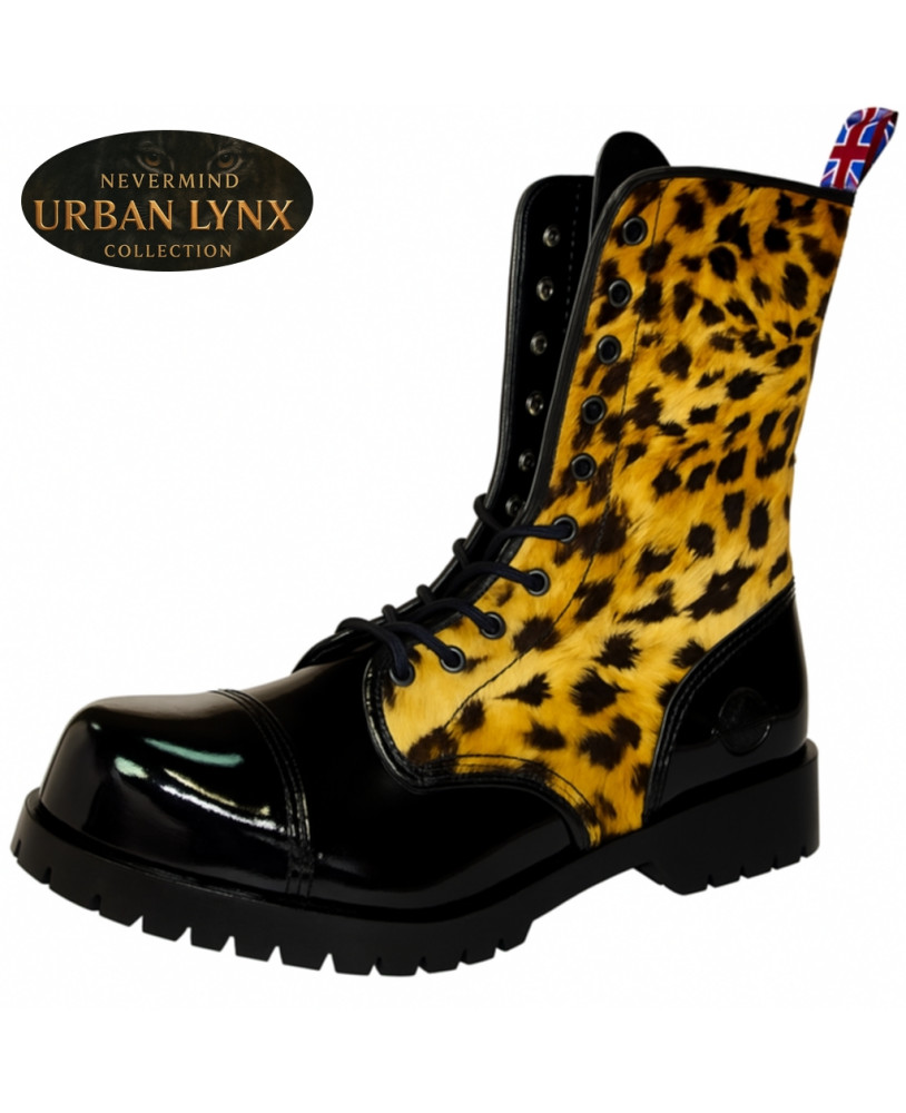 Collezione Urban Lynx – rangers 10 occhielli pelle verniciata nera effetto lince