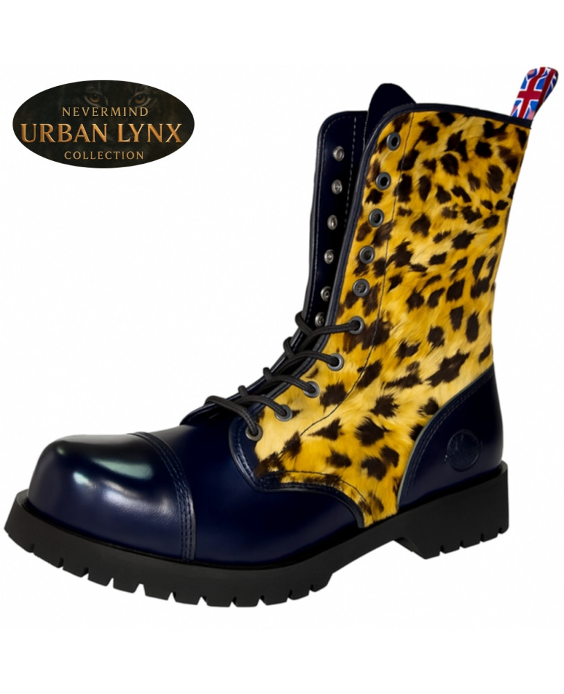 Urban Lynx Collection – rangers 10 eyelets navy patent leather faux lynx fur
