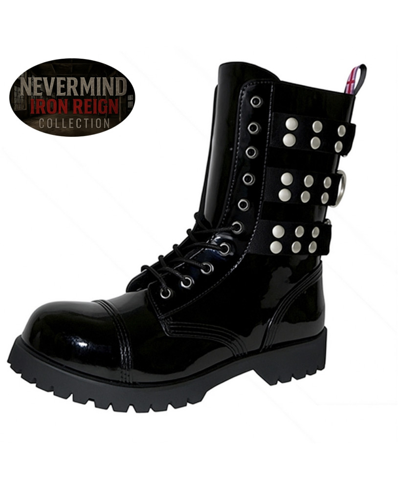 Rangers verni noir à bout coqué et sangles rivetées – Collection Iron Reign.