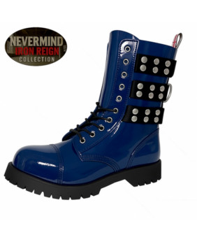 Dunkelblaue Lackleder-Rangers mit Stahlkappe und genieteten Riemen – Iron Reign Nevermind.